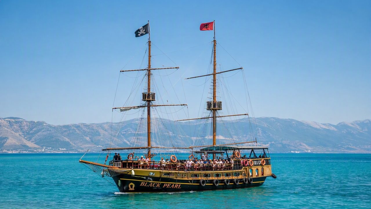 Barca a vela in stile pirata nel tour di Valona davanti alla costa del Karaburun