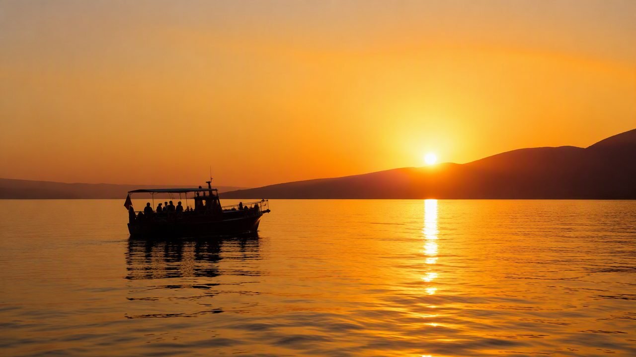 Tramonto in barca sulla baia di Vlorë con l'isola di Sazan all'orizzonte